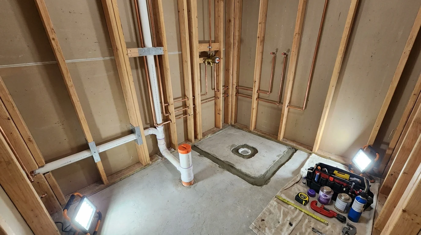 Bathroom rough-in plumbing during remodel by Johns Plumbing LLC in Andrews