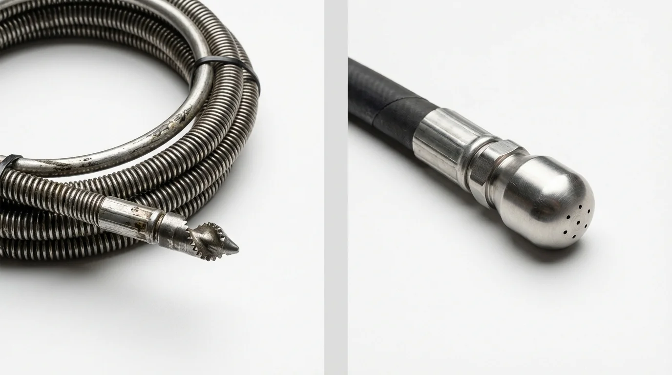 Drain snake cable and hydro jetting nozzle used for drain cleaning in Andrews, NC