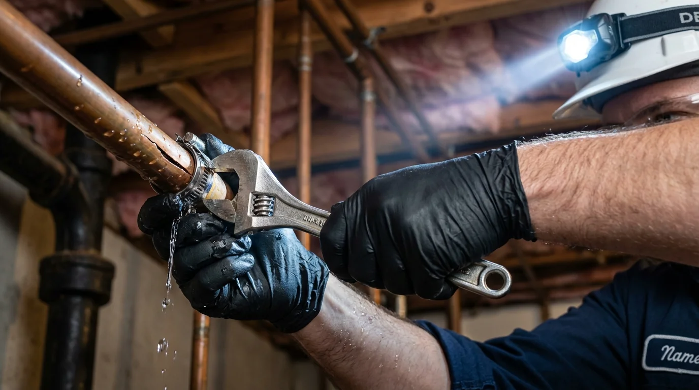 Emergency pipe clamp repair being performed by a Johns Plumbing LLC plumber in Andrews