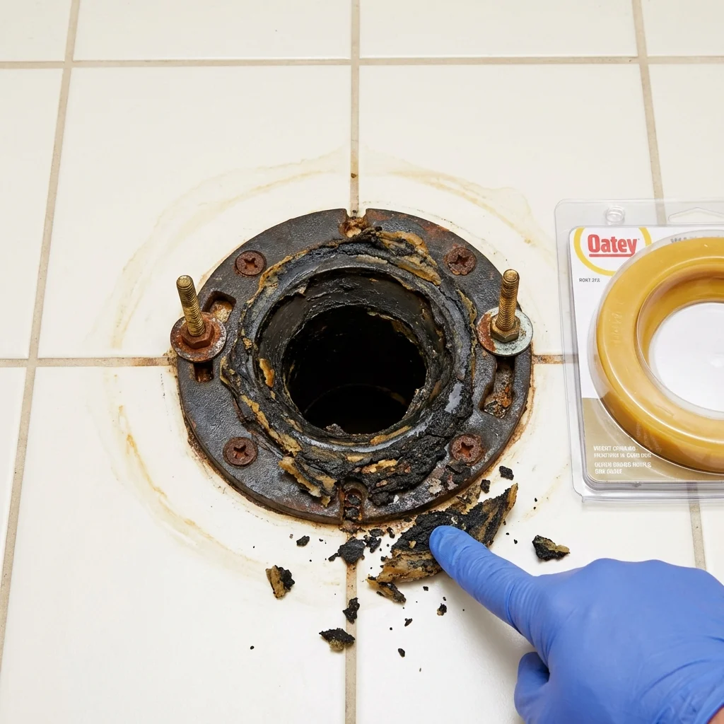 Failed wax ring showing water seepage at the base of a toilet in a Andrews, NC home