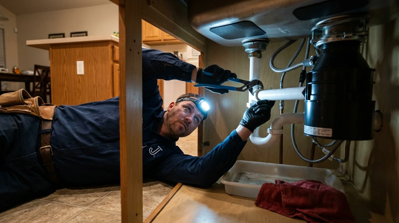 P-trap and supply line connections under a kitchen sink showing a common leak point in Andrews, NC